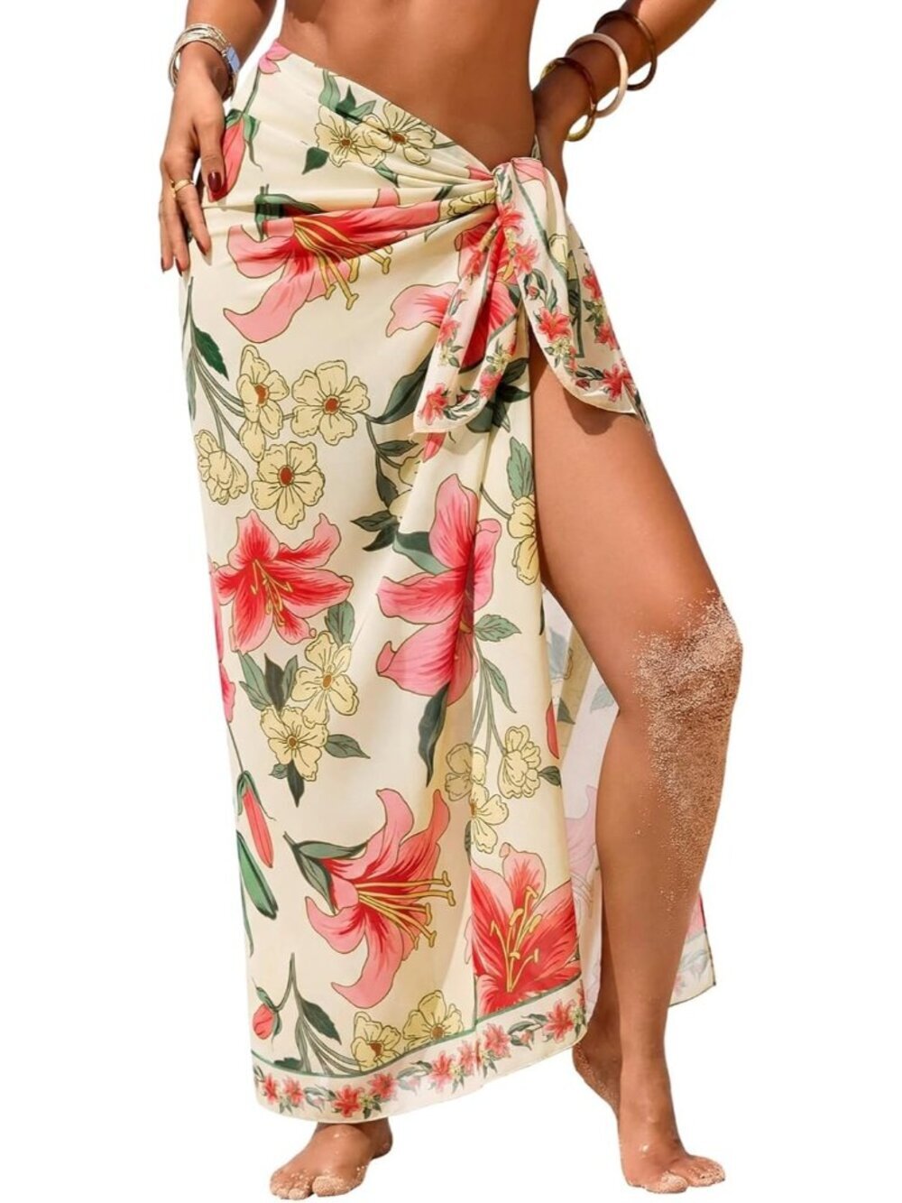 Women's  Pink Lily Swimsuit High Slit Summer Floral Print Chiffon Wrap Beach
